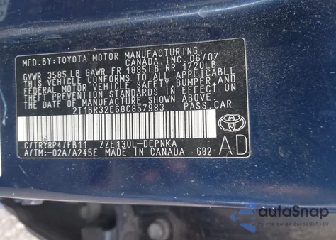 2008 Toyota Corolla Le z USA, uszkodzony, nr VIN 2T1BR32E68C857983